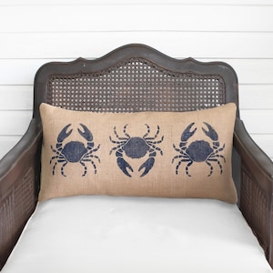 Blue Crab -  Burlap Pillow  - Coastal Decor - Crab Pillow - Nautical Pillow - Beach House -