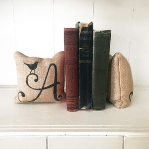 Bird Monogram - Letter bookends - Petit Burlap Feed Sack Pillow Pair - Unique paper weight, bookends, pin cushion, etc