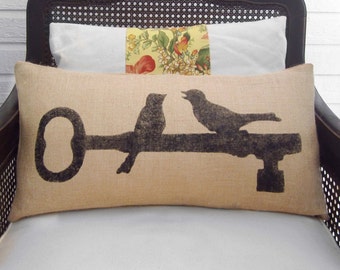 Love Birds Perched on Key - Burlap Pillow - Lumbar Pillow - Bird Pillow - Skeleton Key Decor