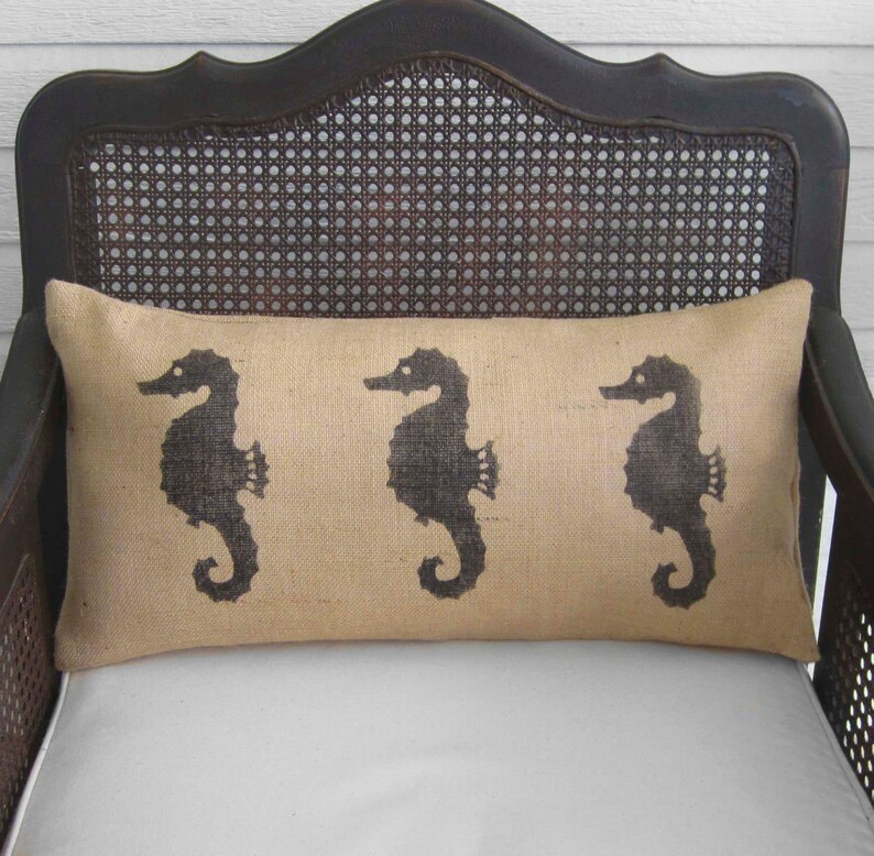 Seahorse Pillow - Burlap Pillow - Coastal Pillow - Lumbar Pillow - Beach Cottage - Nautical Decor - Throw Pillow image 2