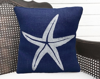 NEW * Starfish Pillow  -  Square Burlap Pillow - Coastal  Pillow - Beach Cottage - Nautical Decor - Throw Pillow