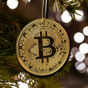 Bitcoin Christmas Ornament - Cryptocurrency Gift Idea - Laser Engraved Gold Mirrored Acrylic