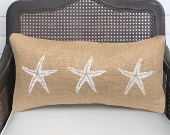 Starfish Pillow  - Burlap Pillow - Coastal  Pillow - Lumbar Pillow - Beach Cottage - Nautical Decor - Throw Pillow