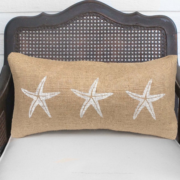 Starfish Pillow  - Burlap Pillow - Coastal  Pillow - Lumbar Pillow - Beach Cottage - Nautical Decor - Throw Pillow