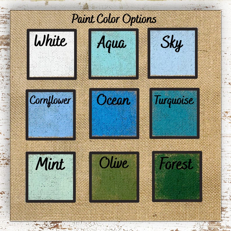 a collection of nine paint color options, each represented by a square with a different color. The options include white, aqua, sky, cornflower, ocean, turquoise, mint, olive, and forest.