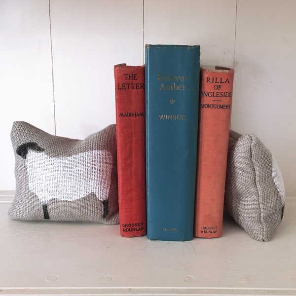 Suffolk Sheep Bookends  - Petit Feed Sack Pillow Pair  - Sheep Decor - Black Faced Sheep - Woolly Lamb - Primitive Sheep