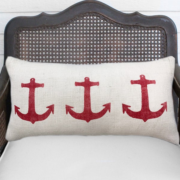 Anchors Away! Decorative Lumbar Burlap Pillow  - Coastal Cottage Accent
