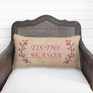 Winter Berry Wreath with Holiday Saying - Burlap Christmas Pillow - Holiday Pillow - Winter Decor - Custom Tis the Season, Merry Christmas image 1