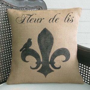 Fleur de lis with Bird Burlap Pillow Fleur de Lis Pillow French County Decorative Pillow image 1