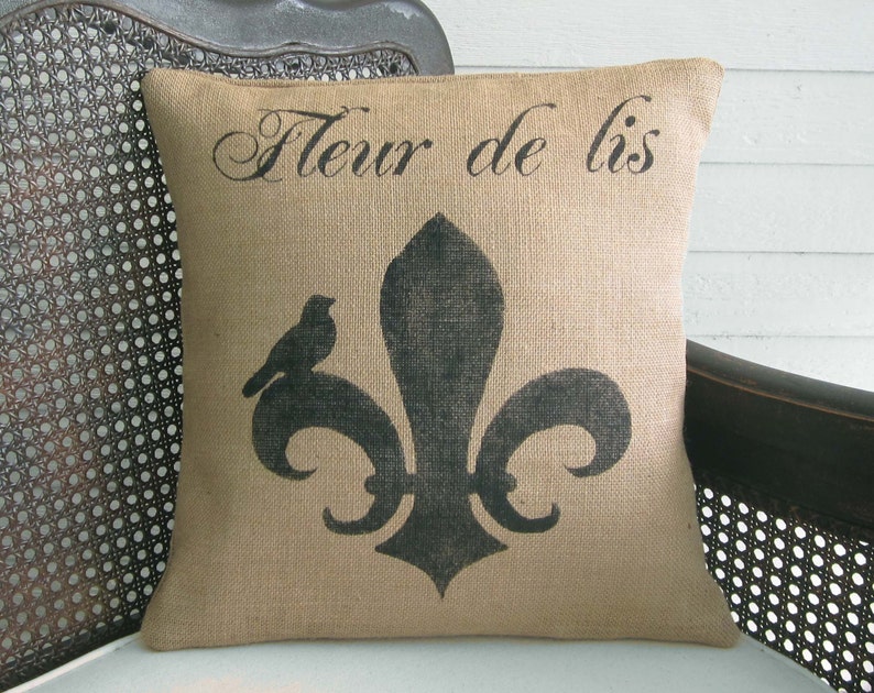 Fleur de lis with Bird Burlap Pillow Fleur de Lis Pillow French County Decorative Pillow image 1