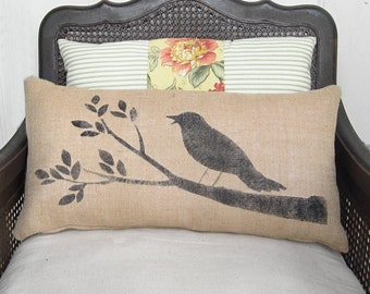 Bird on a Branch - Burlap  Pillow - Handpainted Bird Pillow with Tree Branch Design