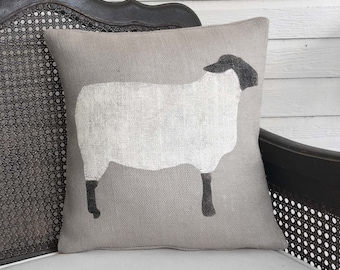 Suffolk Sheep - Burlap Pillow - Sheep Pillow - Sheep Decor - Black Faced Sheep - Wooly Lamb - Primitive Sheep