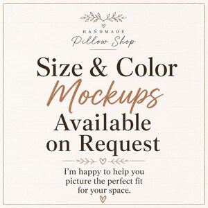 The image is a promotional poster for a handmade pillow shop, featuring text that provides information about the shop's offerings, such as size and color mockups available on request.