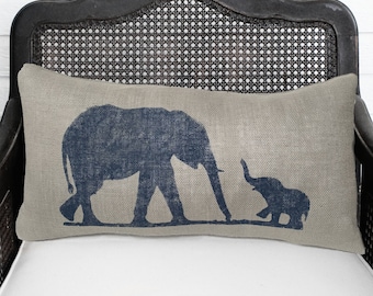 Mother and Baby Elephant Pillow - Burlap Pillow Lumbar  - Elephant Pillow