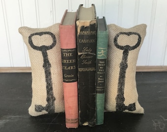 Skeleton Key - Petit Feed Sack Pillow Pair - Unique paper weight, bookends, pin cushion, etc