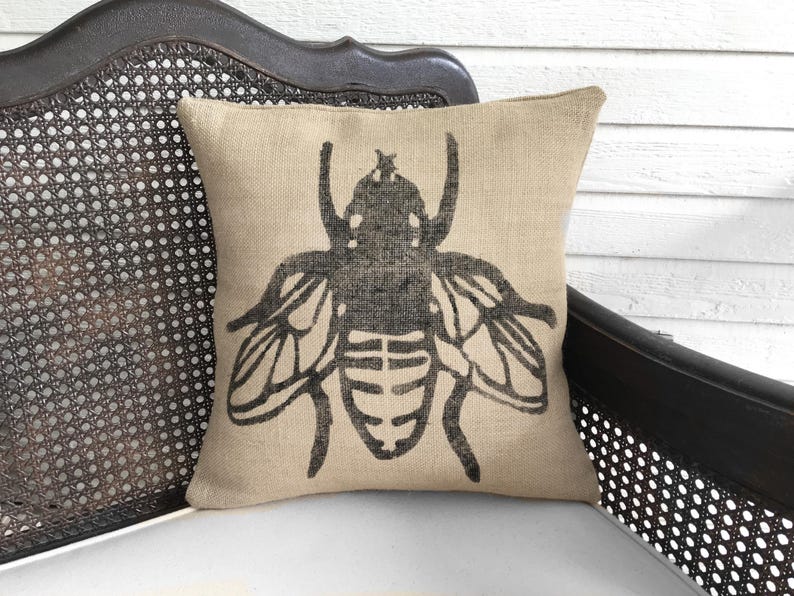 Save the Bees - Decorative Burlap Pillow - Bumble Bee Pillow - Honey Bee Decor image 1