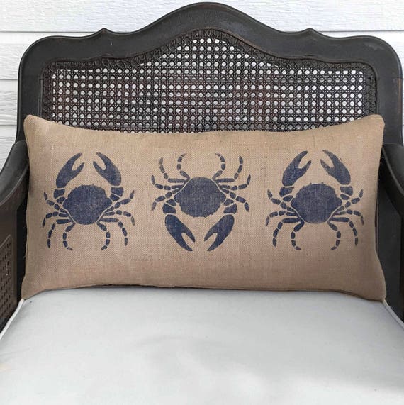 Blue Crab Burlap Pillow Coastal Decor Best of Coastal Etsy USA | Pillows