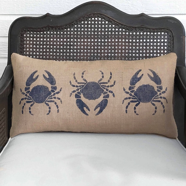 Blue Crab -  Burlap Pillow  - Coastal Decor - Crab Pillow - Nautical Pillow - Beach House -