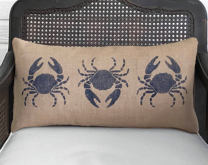 Blue Crabs -  Burlap Pillow  - Coastal Decor - Crab Pillow