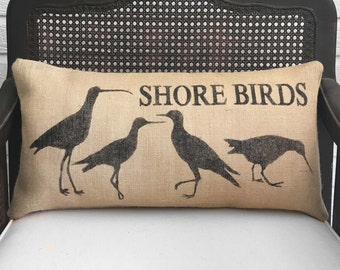 Shore Birds  - Burlap Pillow - Coastal Beach Decor - Sandpiper Pillow - Seabird Pillow - Snipe, Curlew, Yellow Legs, and Plover