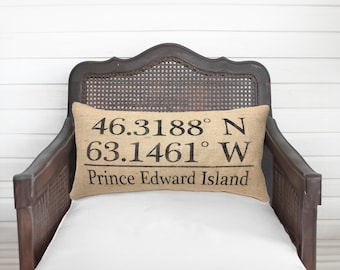 Latitude Longitude Pillow  - Burlap Lumbar Style - Personalized Map Coordinates Home Decor - Address Pillow