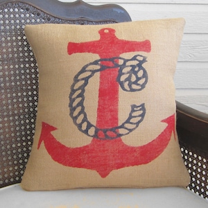 Nautical Anchor Monogram Pillow Burlap Pillow Nautical Decor Monogram Pillow Nautical Monogram Personalized Red, Navy, White image 1