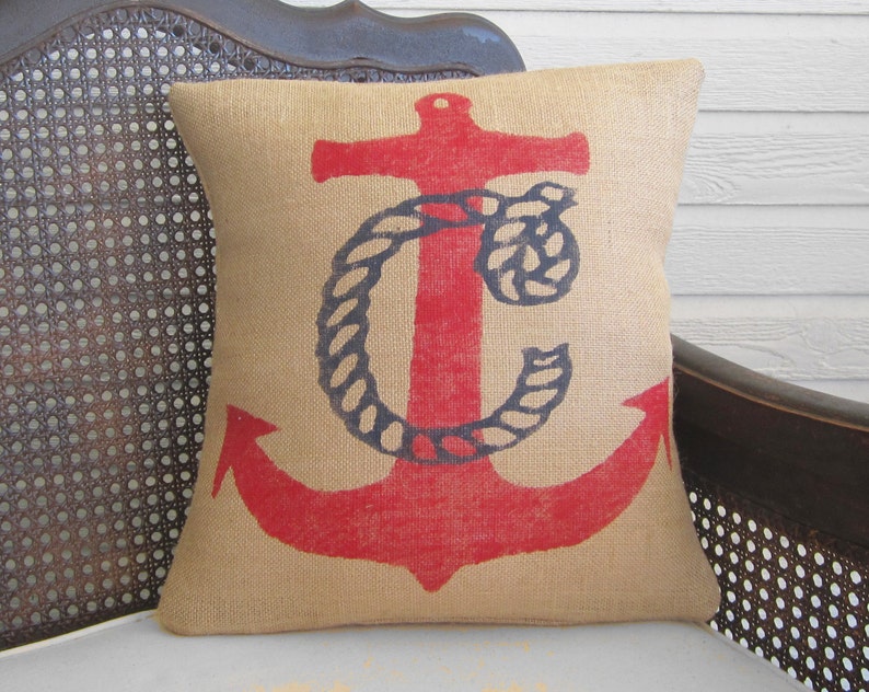 Nautical Anchor Monogram Pillow Burlap Pillow Nautical Decor Monogram Pillow Nautical Monogram Personalized Red, Navy, White image 1