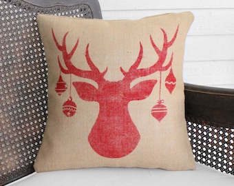 Christmas Deer Pillow - Burlap Pillow Christmas - Christmas Pillow - Reindeer Pillow - Christmas Decor Holiday Decor  Antler with Ornaments