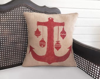 Nautical Christmas Anchor Pillow  with Ornaments -  Burlap Pillow Christmas  - Holiday Decor - Christmas Decor - Nautical Pillow