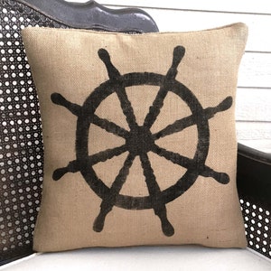 At the Helm Ships Wheel Pillow Burlap Pillow Ship Pillow Nautical Decor Maritime image 1