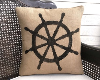 At the Helm  - Ships Wheel Pillow - Burlap Pillow - Ship Pillow - Nautical Decor   Maritime