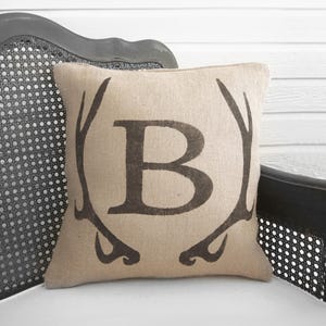 Deer Antler Monogram Pillow  - Burlap Pillow - Antler Decor - Burlap Monogram Pillow - Fall Decor - Personalized