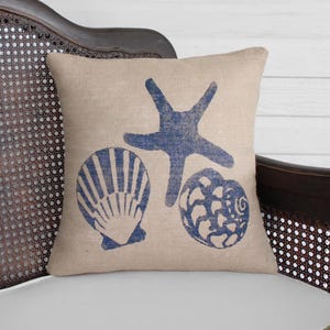 Beach Memories Burlap Pillow - Beach Pillow  -  Coastal Pillow - Sea Shell Pillow  - Nautical Seashell - Starfish Pillow