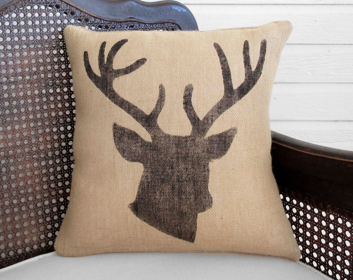 Woodland Deer Burlap Pillow Stag Head Pillow Deer Head Etsy