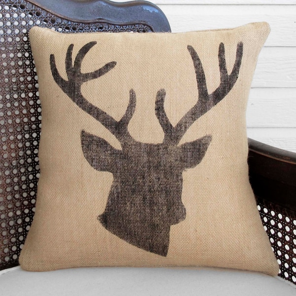 Woodland Deer  - Burlap  Pillow - Stag Head Pillow  -  Deer Head Pillow - Antler Pillow - Deer Pillow - Fall Pillow