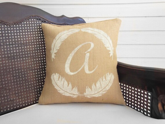 Featherly - Monogram Pillow  - Burlap Pillow - Feather Decor - Burlap Monogram Pillow - Personalized - Feather Print Pillow - Feather Pillow
