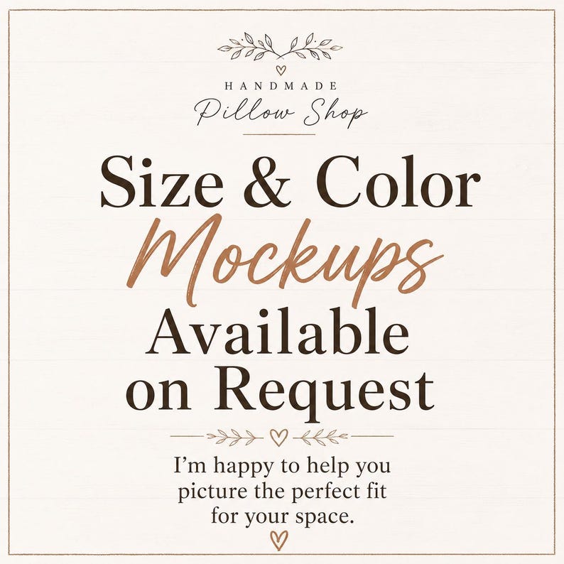 The image is a promotional poster for a handmade pillow shop, featuring text that provides information about the shop's offerings, such as size and color mockups available on request.
