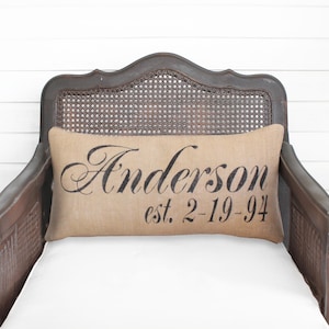 Personalized Name and Est Date Pillow -  Burlap Pillow Lumbar Style - Name Pillow - Date Pillow