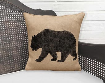 The Black Bear  - Burlap  Pillow -  Bear Pillow  -  Woodland Decor - Bear Silhouette - Lodge Decor