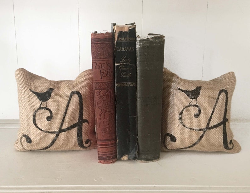 Bird Monogram Letter bookends Petit Burlap Feed Sack Pillow Pair Unique paper weight, bookends, pin cushion, etc image 2