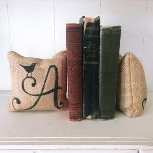 Bird Monogram - Letter bookends - Petit Burlap Feed Sack Pillow Pair - Unique paper weight, bookends, pin cushion, etc