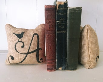 Bird Monogram - Letter bookends - Petit Burlap Feed Sack Pillow Pair - Unique paper weight, bookends, pin cushion, etc