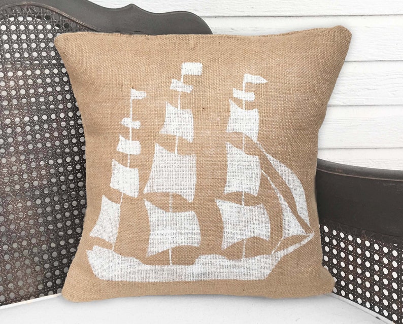 The Seafarer Clipper Ship Burlap Pillow Ship Pillow Nautical Decor image 1