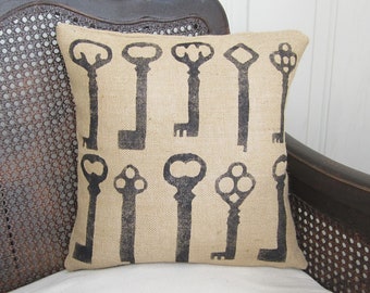 Keys - Burlap Pillow - Feed Sack Chic - Skeleton Key Pillow - Key Burlap Pillow - Skeleton Key Decor