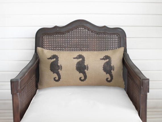 Seahorse Pillow  - Burlap Pillow - Coastal  Pillow - Lumbar Pillow - Beach Cottage - Nautical Decor - Throw Pillow