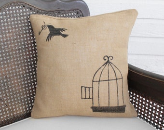 Free to Fly - Burlap Pillow - Bird Cage and Skeleton Key - Birdcage Pillow - Bird Pillow - Throw Pillow
