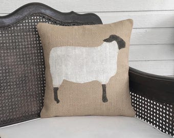 Suffolk Sheep - Burlap Pillow - Sheep Pillow - Sheep Decor - Black Faced Sheep - Wooly Lamb - Primitive Sheep