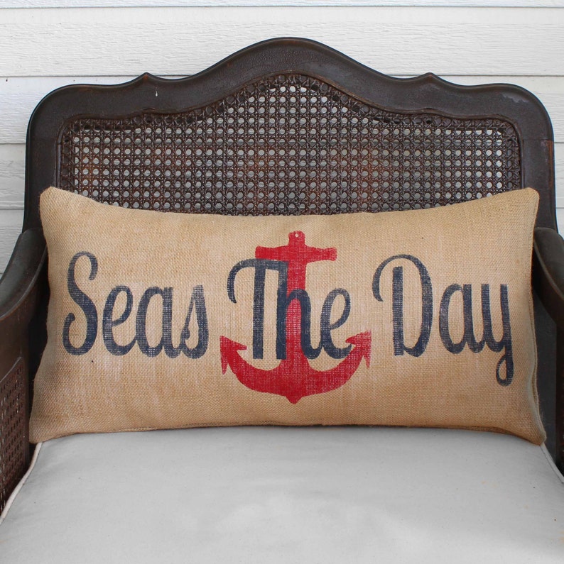 Seas the Day Burlap Pillow Anchor Pillow Seas the Day Pillow Nautical Pillow Nautical Decor image 1