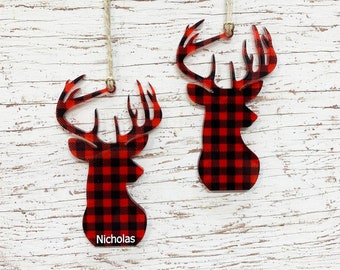 Buffalo Plaid Stag Head Ornament   Personalized Christmas Decor  - Custom Name Ornament - Deer Ornament Buffalo Check