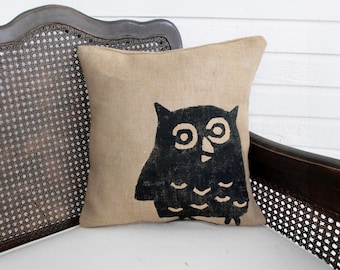 Owl - Burlap Pillow -  Owl Pillow - Owl Decor - Woodland Decor - Decorative Pillow